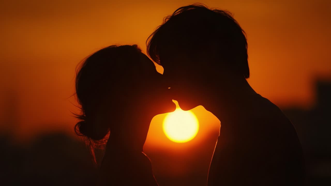 A Romantic Sunset Kiss: Capturing the Intimacy and Connection Between Two Lovers Against a Beautiful Sunset Background