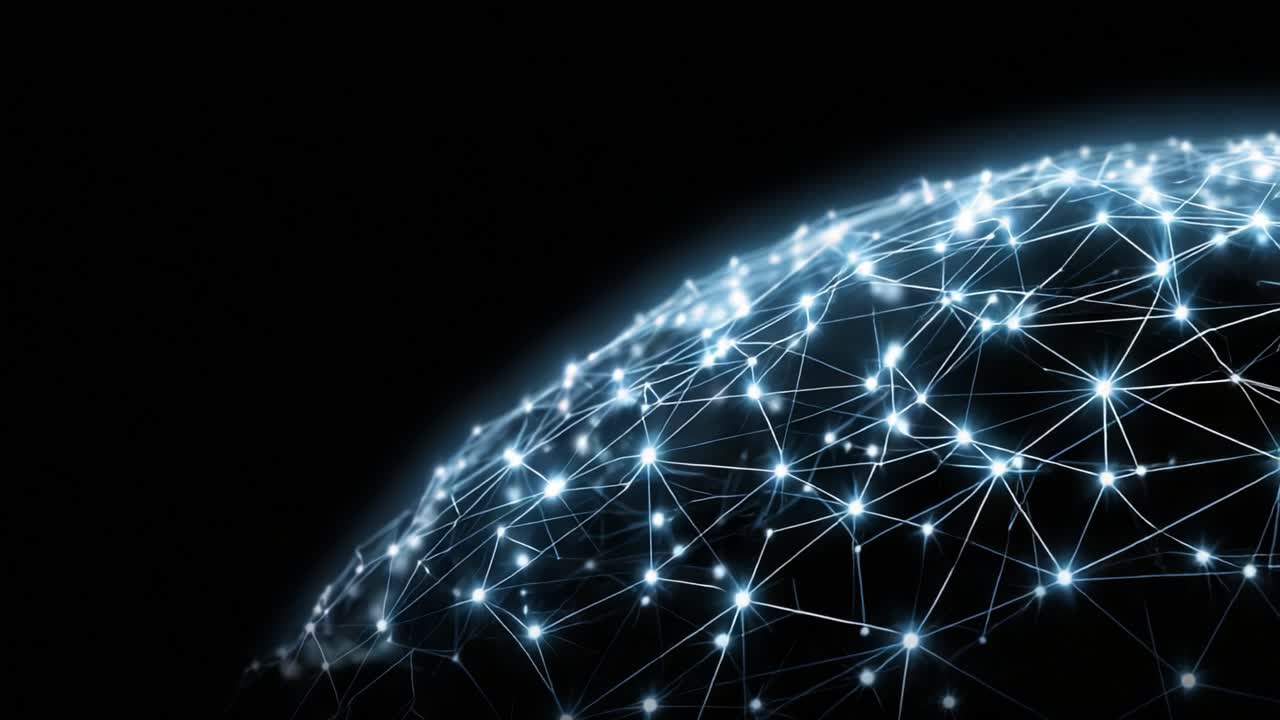 Exploring a Digital Universe: A Mesmerizing Visualization of Connected Nodes and Networks Forming a Glowing Sphere in a Dark Background