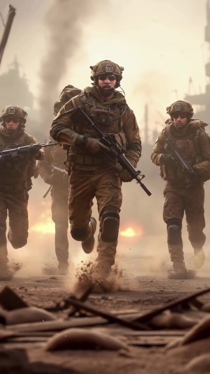 Special Forces Soldiers Running Through a Smoky, War-Torn Battlefield