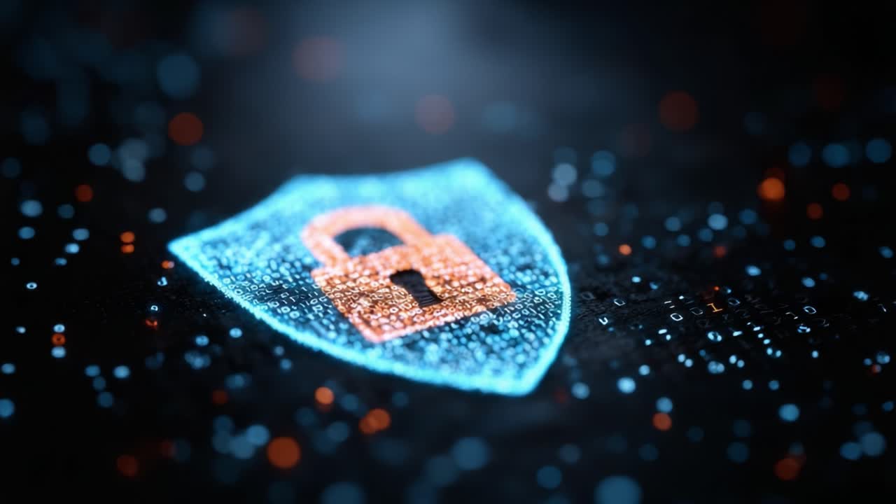 Intricate Visual of a Digital Shield with Lock Symbol Representing Cybersecurity and Data Protection in a High-Tech Environment