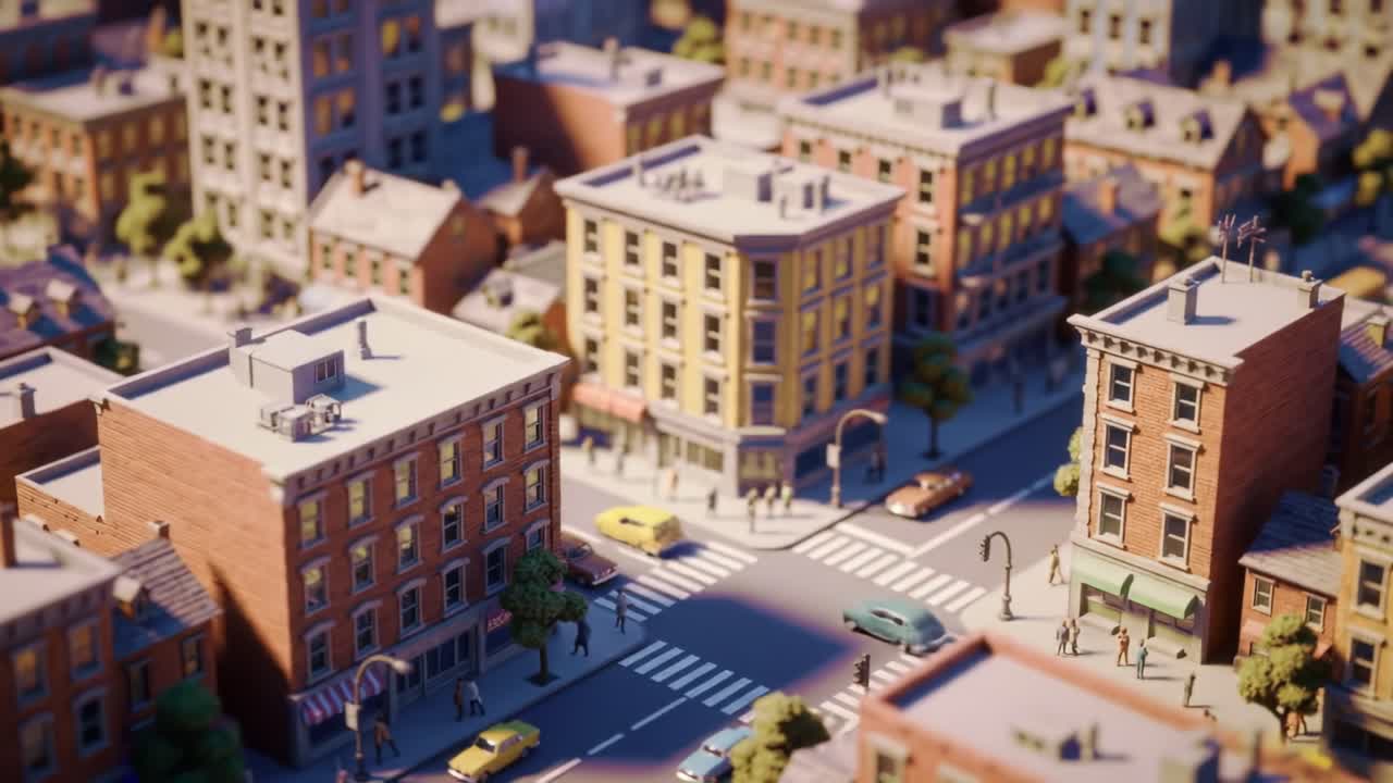 A Vibrant Miniature Cityscape: Exploring the Intricate Architecture, Busy Streets, and Lively Atmosphere of a Detailed Urban Model in Two Captured Moments