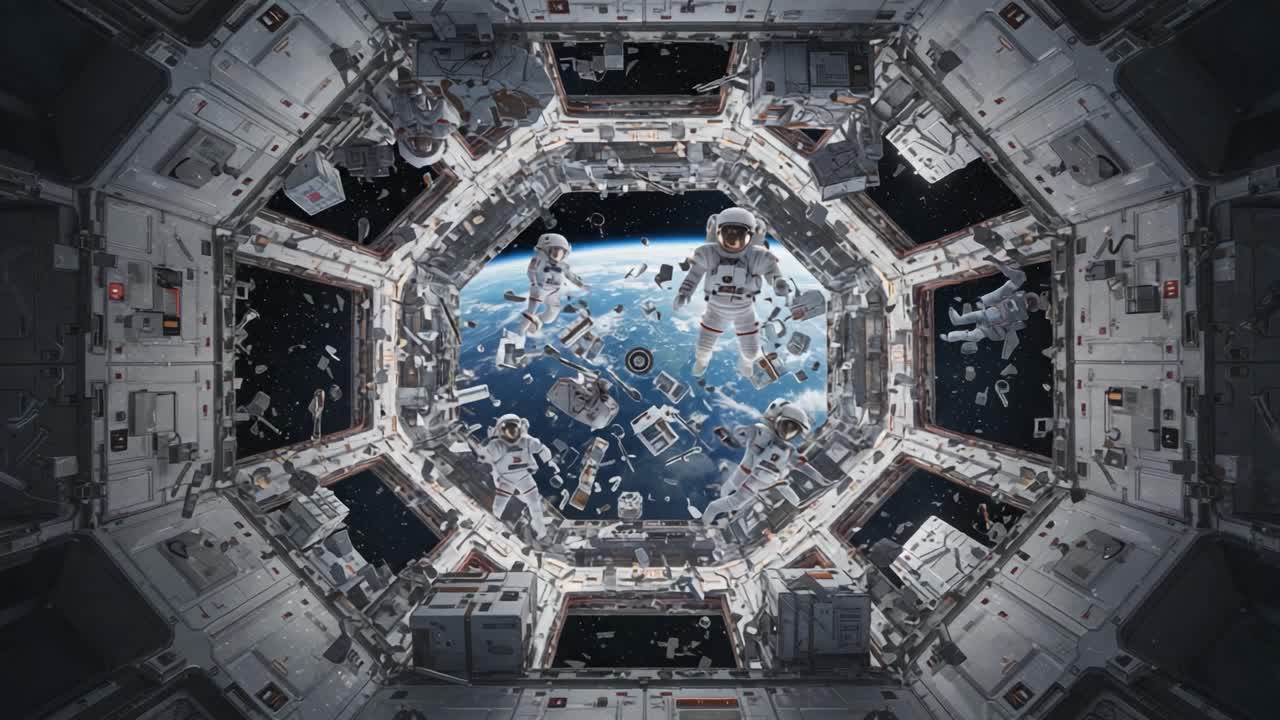 An Astronaut Team Conducts a Spacewalk Mission Outside Their Spacecraft Amidst Floating Equipment and Earth Views in a High-Detail Sci-Fi Atmosphere