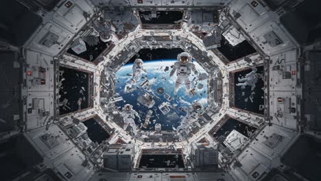 an astronaut team conducts a spacewalk mission outside their spacecraft amidst floating equipment and earth views in a high-detail sci-fi atmosphere