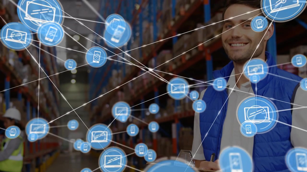 Vertical video: Man checking clipboard, starting blue nodes radiating forming network mapping stock