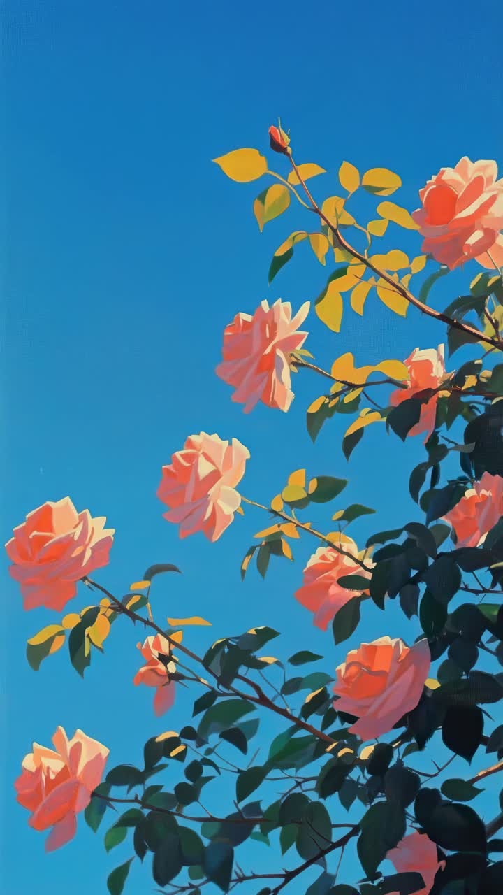 Low-angle view of vibrant roses against a clear blue sky, capturing a serene, cinematic feel
