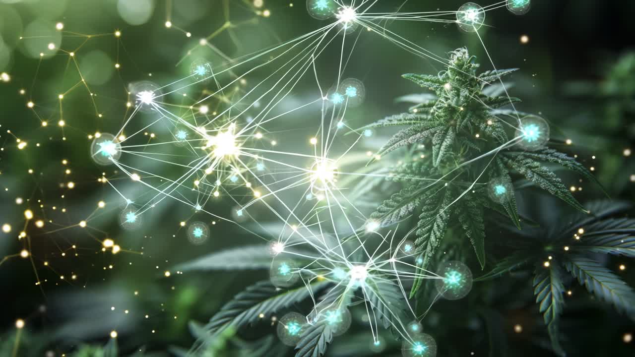 A close up of a marijuana plant with a background of stars and a molecule. Concept of wonder and curiosity about the plant and its potential uses