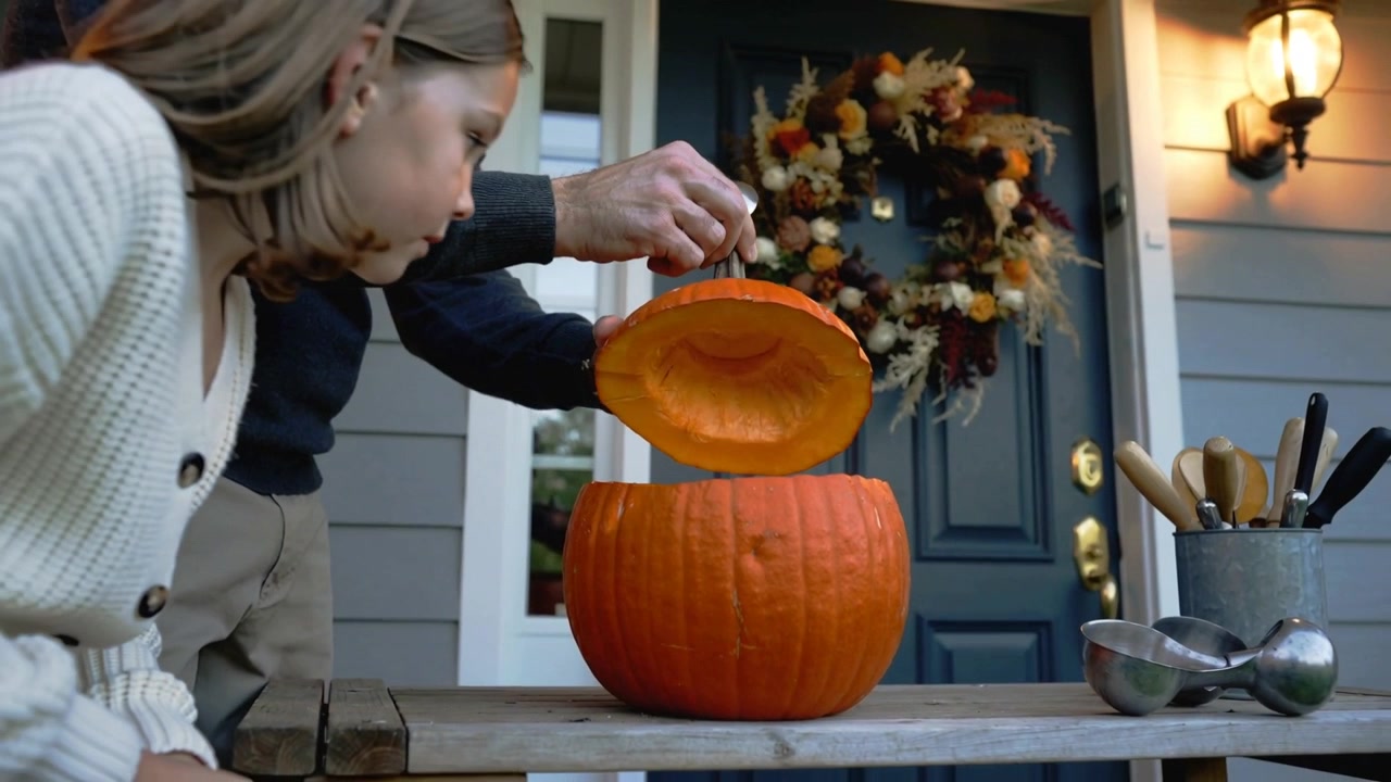 Papá con suéter oscuro y pantalones caqui presionando la cuchara y levantando la parte superior de una calabaza en el porche, mientras una niña se asoma para tallar.