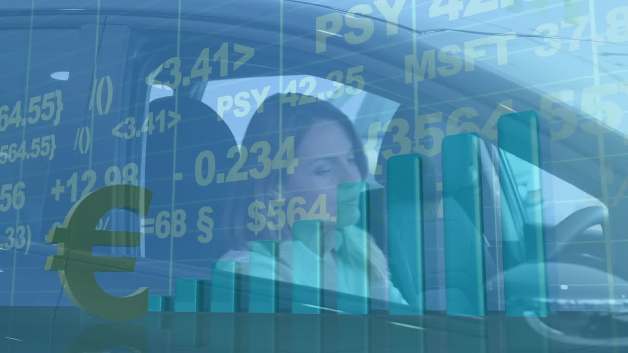 animación del procesamiento de datos y el signo del euro girando sobre una mujer caucásica que entra en un coche