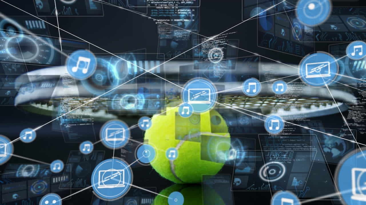 animación de una red de conexiones con iconos sobre una mujer de negocios caucásica que usa un teléfono inteligente