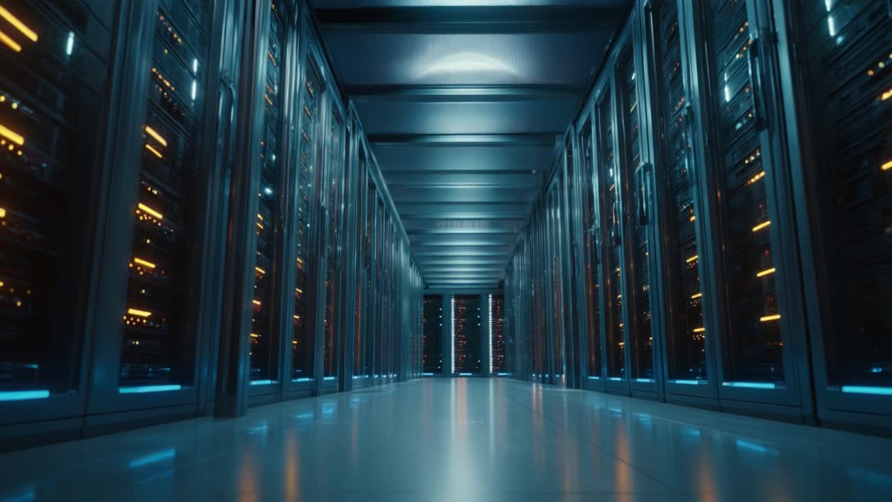 A High-Tech Data Center Corridor Illuminated with Bright LED Lights Showcasing Rows of Server Racks for Efficient Data Processing and Storage Functionality