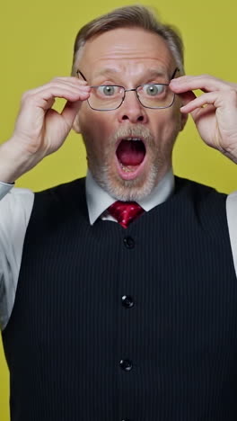 funny mature man with glasses. surprised male in elegant clothing putting on glasses. terrified grandfather with opened mouth looking through his glasses. slow motion. vertical video