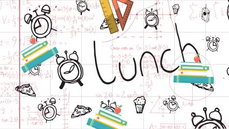 Animation-of-lunch-text-and-school-icons-over-squared-paper
