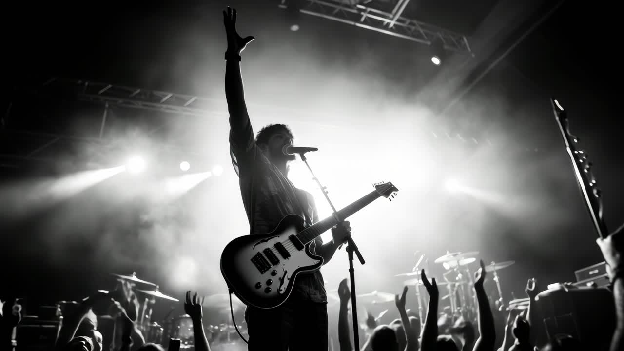 Dynamic concert scene in black and white, low-angle shot of a guitarist on stage