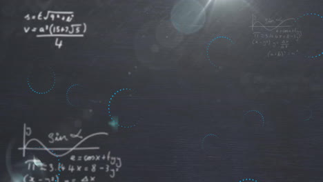 animation of light spots over mathematical equations and circles on black background