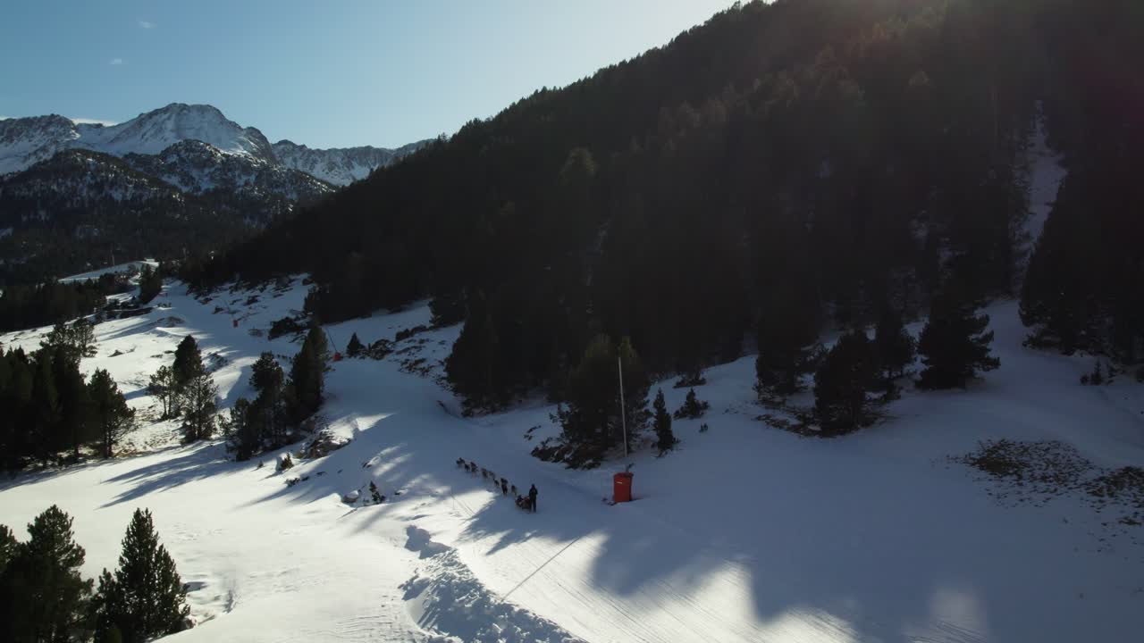 Dog sledding competitor mushing across winter landscape, aerial
