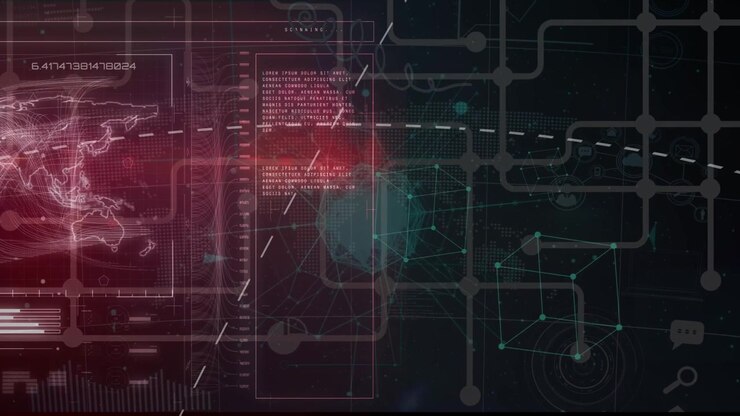 Animation of data processing over dark background