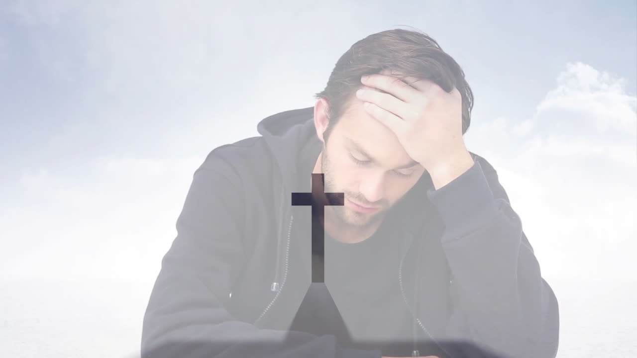 In animation, man thinking deeply with cross overlay on cloudy background