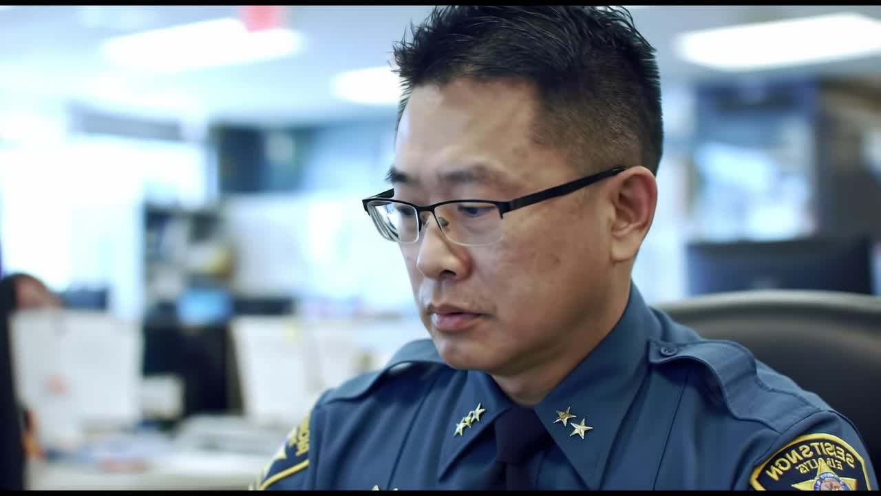 Focused Officer Analyzing Reports in a Modern Law Enforcement Office Environment, Showcasing Commitment to Public Safety and Detail-oriented Work Ethic
