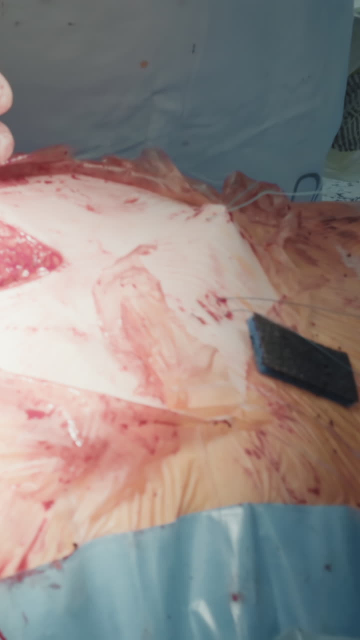 el cirujano corta hilos alrededor de la cavidad torácica. los médicos cualificados preparan el área para cerrar la incisión después de una exitosa cirugía de bypass de la arteria coronaria.