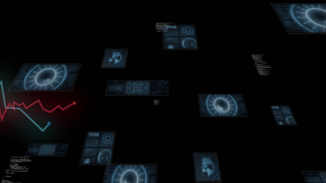 Animation of futuristic data panels and graphs on digital interface background