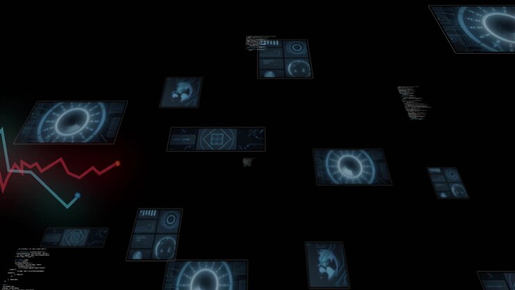 Animation of futuristic data panels and graphs on digital interface background