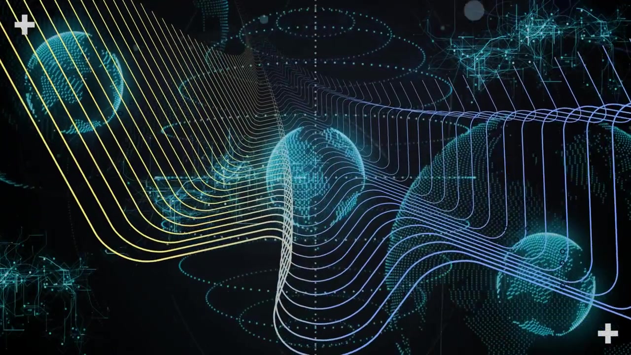 Multilayered ribbon emerging left, sweeping right, folding over dotted spheres, showing data flow