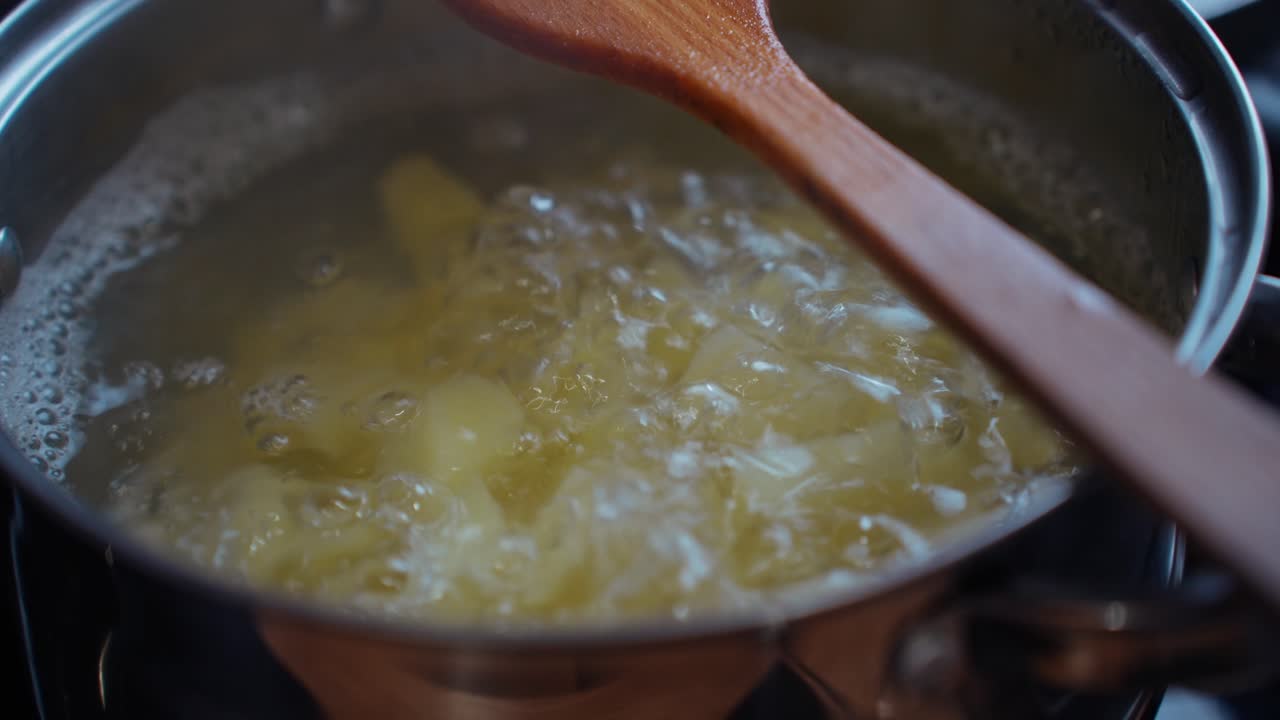 Filmato ravvicinato di patate che bollono in una pentola, che cattura il processo di cottura con il vapore che sale. Perfetto per progetti culinari, di preparazione alimentare e lifestyle