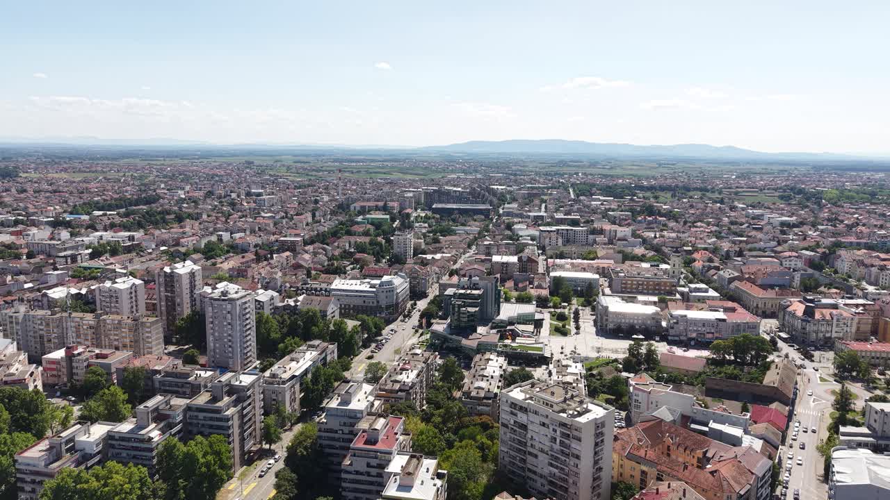 Establishing Drone Shot of Sabac, Serbia. Residential Buildings and Streets on Sunny Day