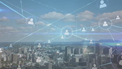 animation of network of profile icons and blue light trails against aerial view of cityscape