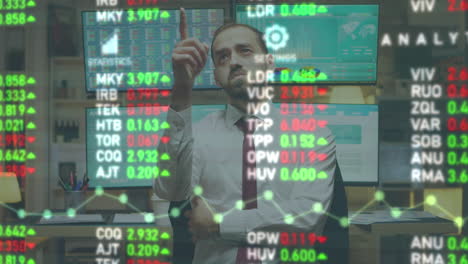 stock market broker looking at augmented reality display with numbers and trades on it