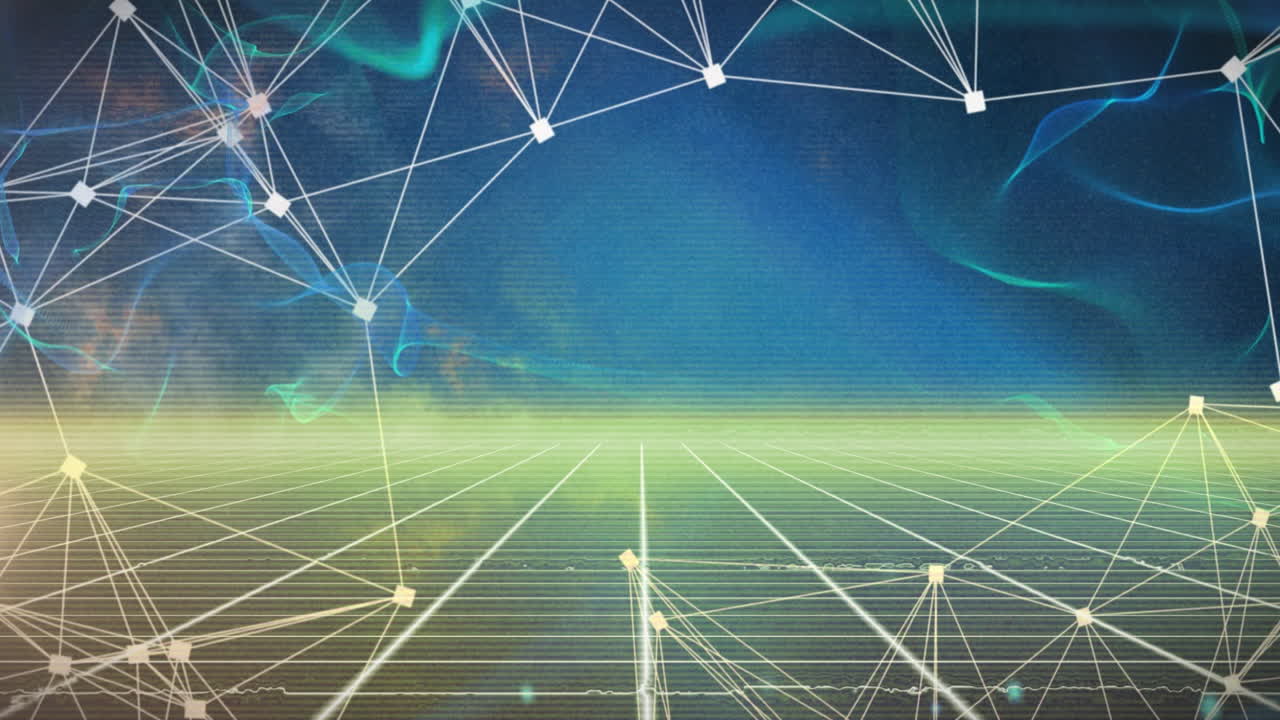 파란색 배경에 디지털 파도에 대한 그리드 네트워크를 통해 연결 네트워크의 애니메이션