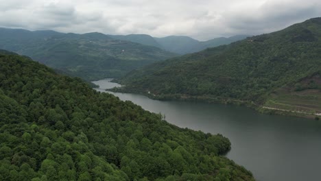 drone view of lake between two mountains with green forest, the landscape under a cloudy sky