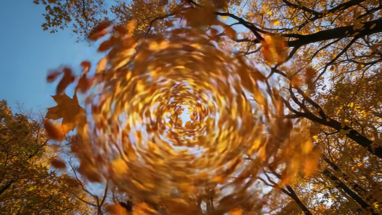Captivating Autumn Whirlwind: A Vivid Journey Through Spinning Leaves Revealing the Beauty of Nature’s Transformation in a Colorful Forest Canopy