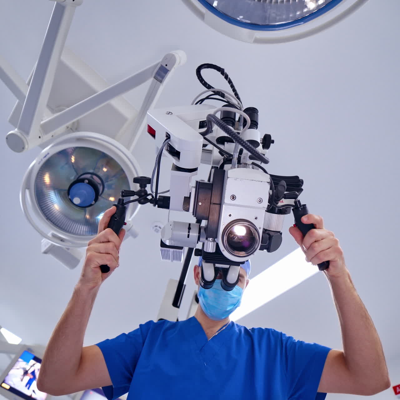 Surgeon operating with medical robotic surgery machine. Manual control by Minimally Invasive Surgical System. Modern automated medical device.