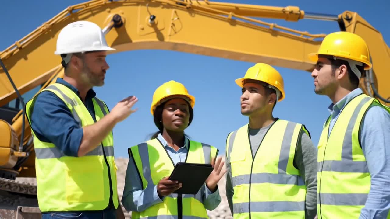 A diverse construction crew, including a woman with a tablet, discusses plans, Construction Crew