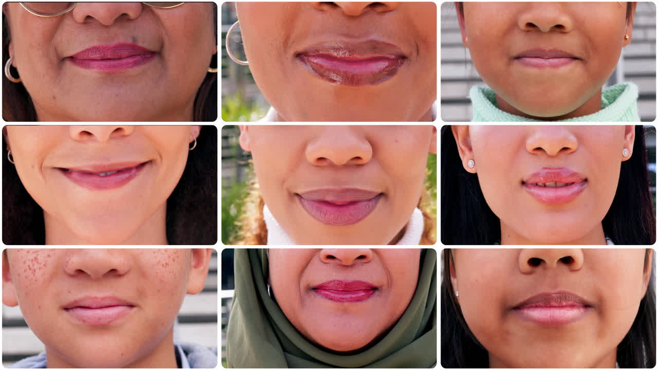 Sorriso, collage e primo piano della bocca di donne