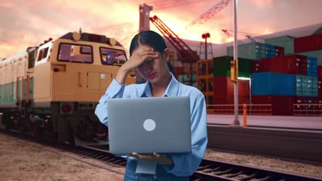 asian female with her laptop with freight cargo train at port, she is nodding her shead with dissapionted