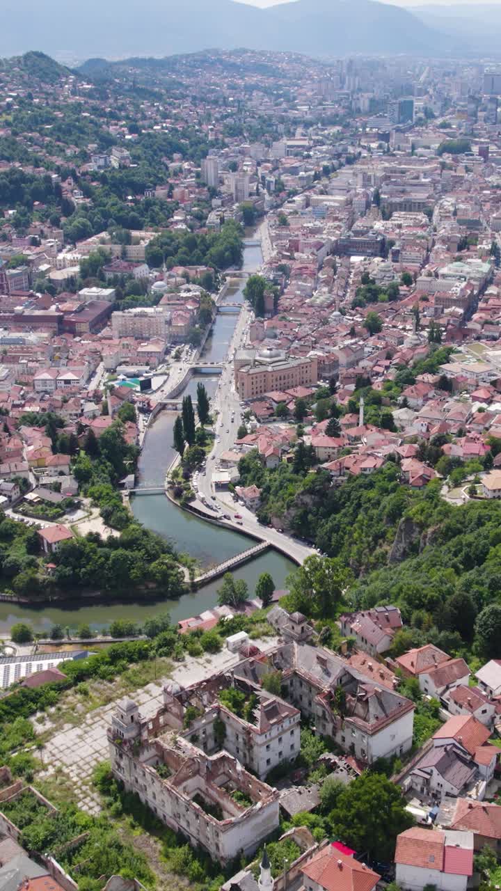 Sarajevo, bosnia and herzegovina, showcasing the city's layout and river, aerial vertical view