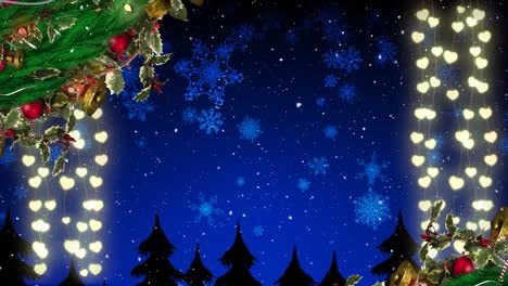 Animation-of-fairy-lights,-fir-tree-decoration,-snow-falling-over-blue-sky