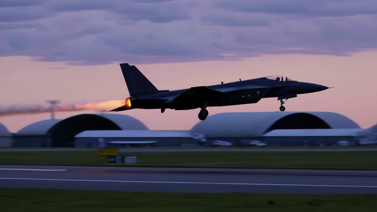 Fighter Jet Landing at Dusk