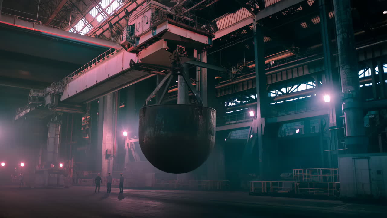 Workers observe a massive crucible being lifted by an overhead crane in an industrial facility