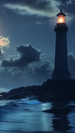a lighthouse is on a rocky shoreline with a large full moon in the sky. the scene is serene and peaceful, with the lighthouse standing out as a beacon of light in the darkness