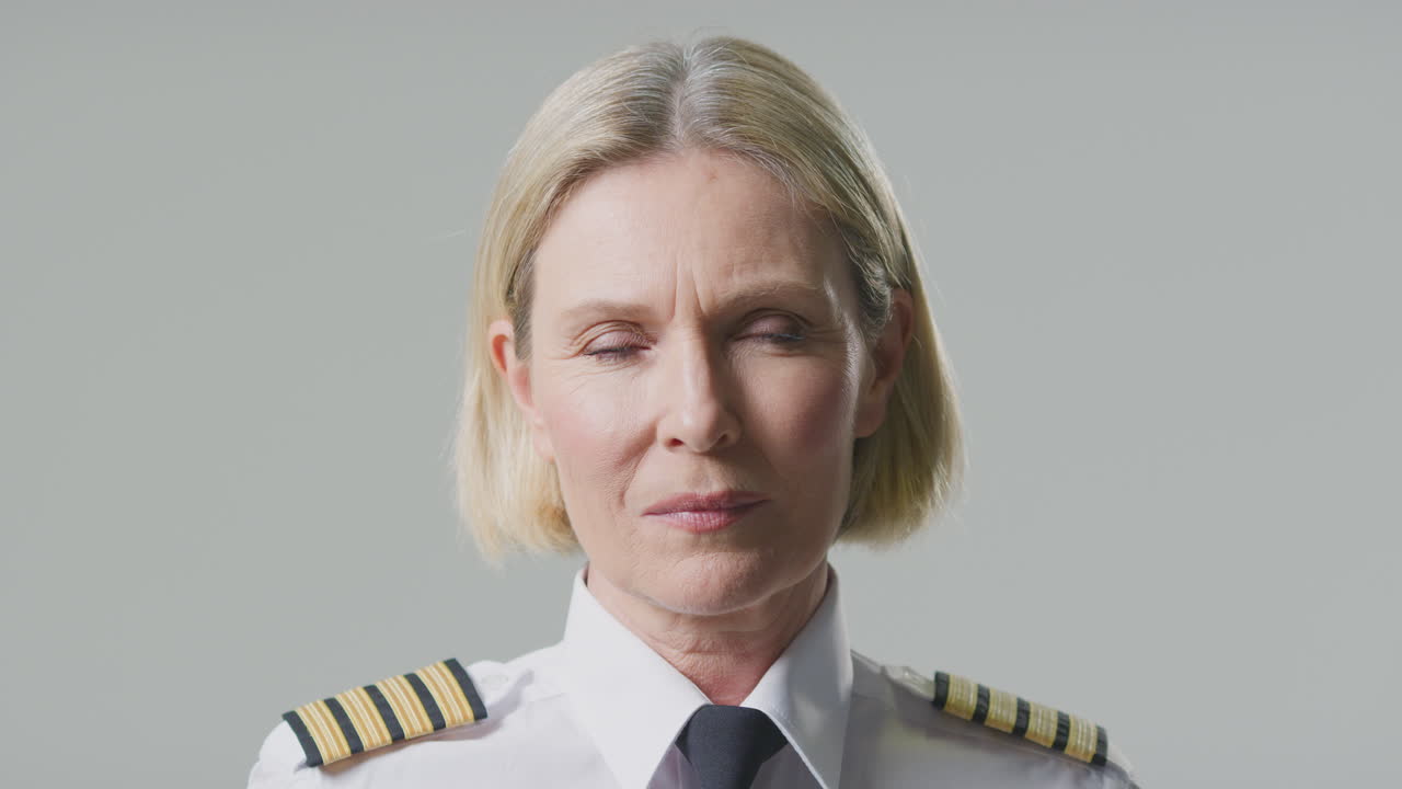 Studio Portrait Of Serious Mature Female Airline Pilot Or Ship Captain Against Plain Background