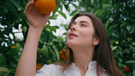 brunette enjoying orange aroma sniffing fruit botanical garden nature closeup