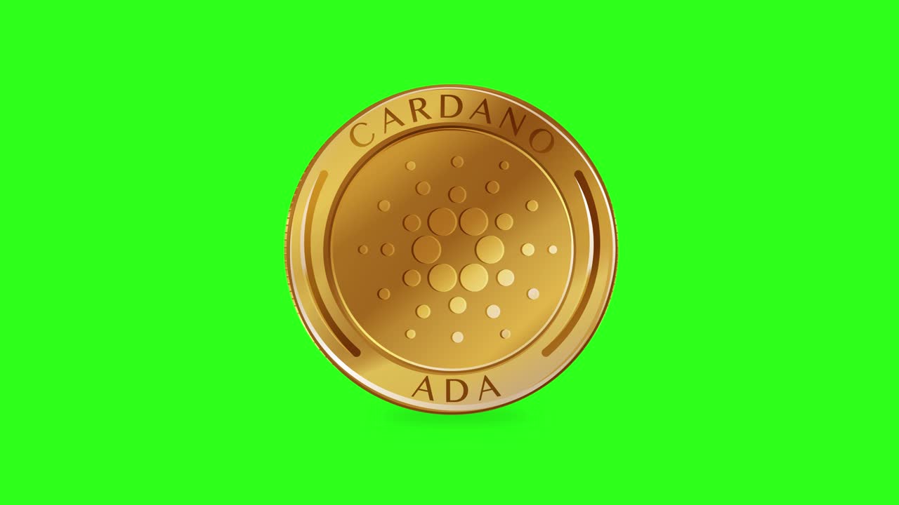 una moneda de cardano giratoria sobre un fondo verde vibrante, que muestra movimientos dinámicos y temas de monedas digitales