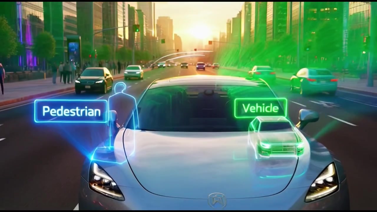 Autonomous Electric Car Detecting Pedestrians and Vehicles in City Traffic