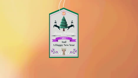 animation of present tag with christmas greetings on yellow background