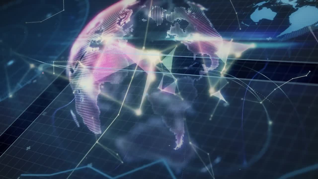 검은색 배경에 대한 데이터 처리 인터페이스와 플렉서스 네트워크의 글로브의 애니메이션