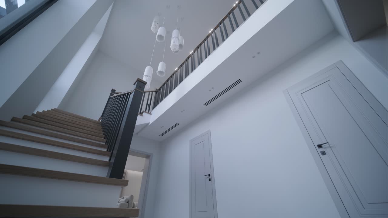 diseño interior escaleras de madera elegantes dentro de la casa con barandillas de madera modernas y paredes decoradas con lámparas de moda. escalera moderna o escalera en el interior de la casa moderna