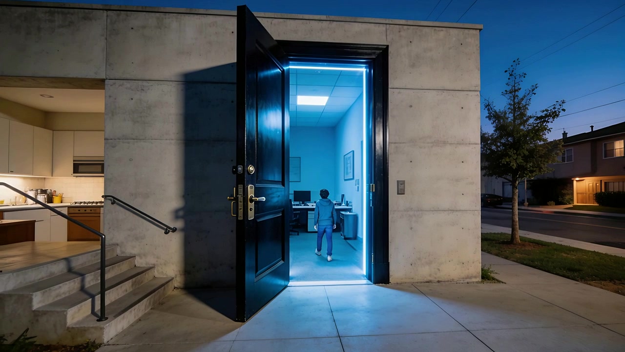 Walking child hoodie entering door dusk, blue LED entry drawing to desk, pausing facing PC screens
